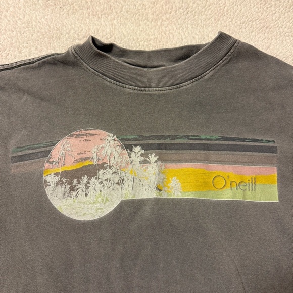 O'Neill Charcoal Gray Sunset Palm Graphic Cropped Tee Shirt Surf Beach - Picture 5 of 9